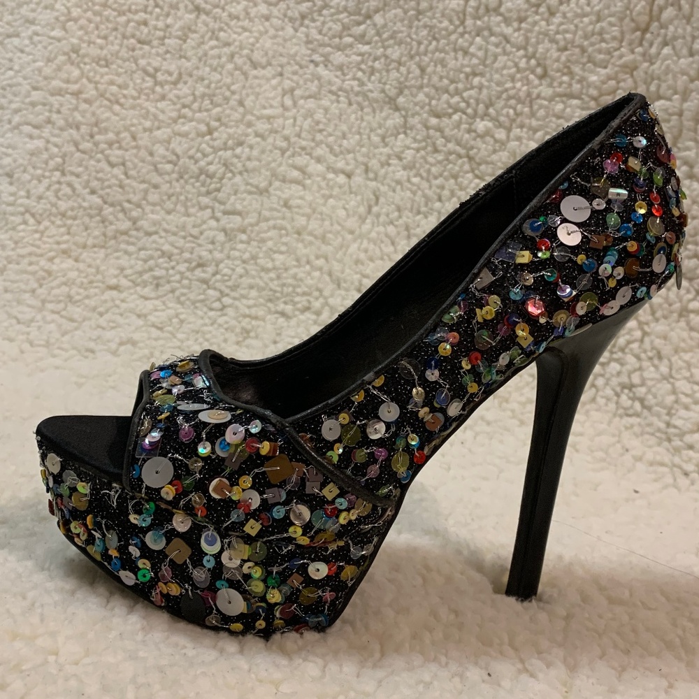 Carlos | 7 Black Sequin Peep Toe Platform Heels
